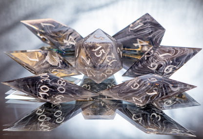 Hidden Treasures Await- Sharp 7 Piece Handmade Resin Dice