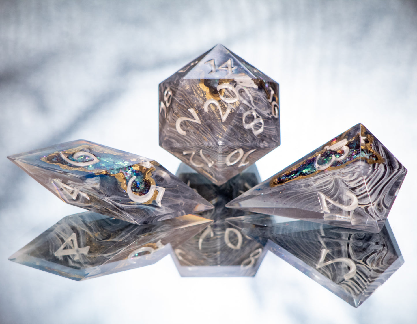 Hidden Treasures Await- Sharp 7 Piece Handmade Resin Dice