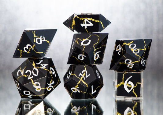 Obsidian Kintsugi - 7 Piece Handmade Resin Dice