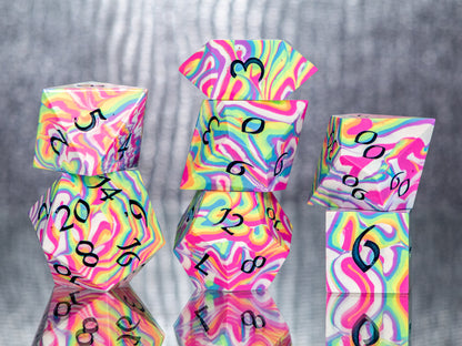 Neon Tie-Dye B: 7 Piece Handmade Resin Dice