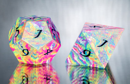 Neon Tie-Dye B: 7 Piece Handmade Resin Dice