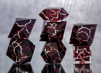 Crimson and Silver Kintsugi - 7 Piece Handmade Resin Dice