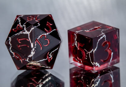 Crimson and Silver Kintsugi - 7 Piece Handmade Resin Dice