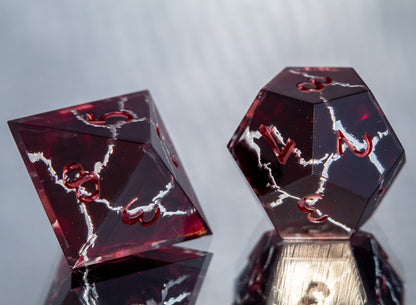 Crimson and Silver Kintsugi - 7 Piece Handmade Resin Dice