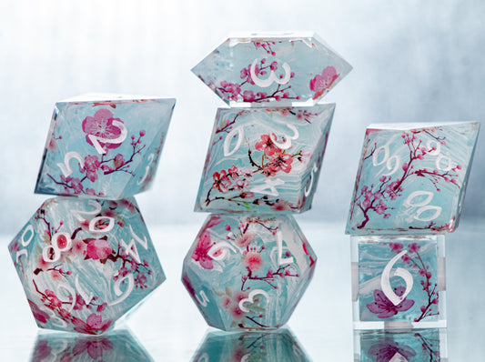 Sakura on the Water - 7 Piece Handmade Resin Dice