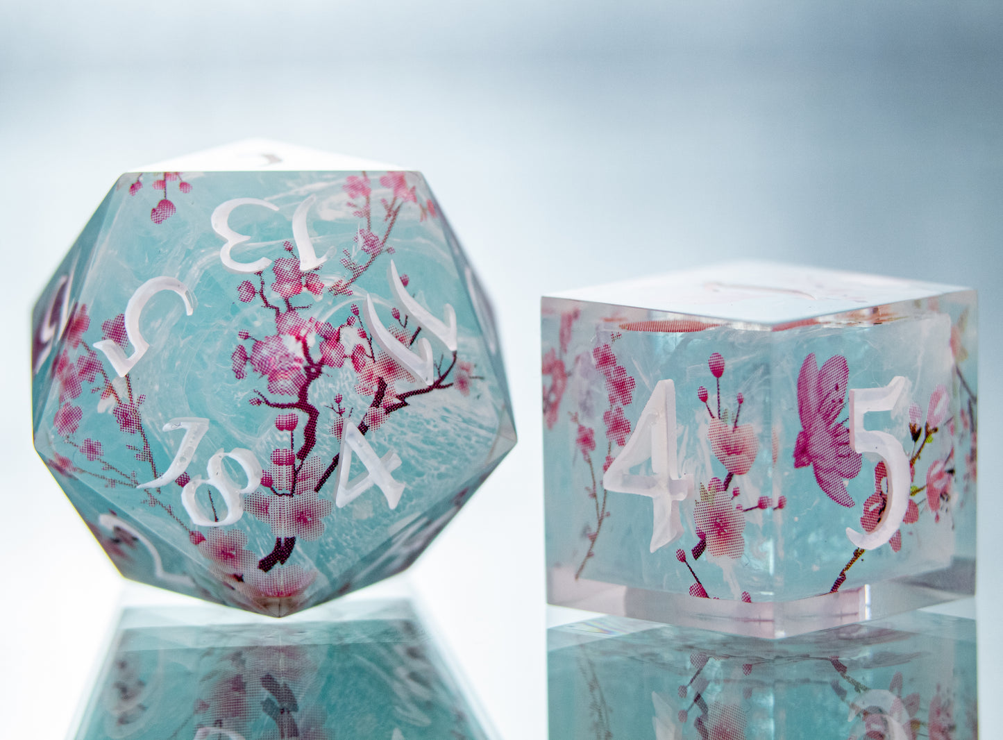 Sakura on the Water - 7 Piece Handmade Resin Dice