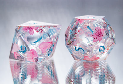 Sakura on the Water - Liquid Core 7 Piece Handmade Resin Dice