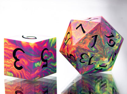 Neon Rainbow Dirty Pour: 7 Piece Handmade Resin Dice