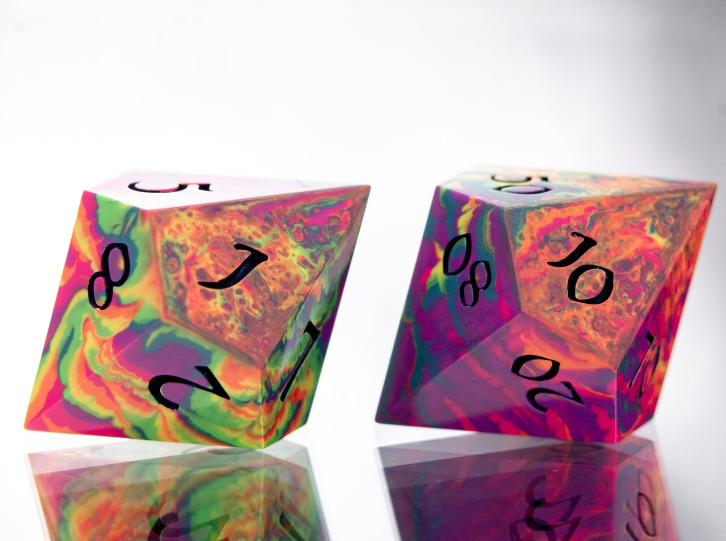 Neon Rainbow Dirty Pour: 7 Piece Handmade Resin Dice