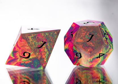 Neon Rainbow Dirty Pour: 7 Piece Handmade Resin Dice