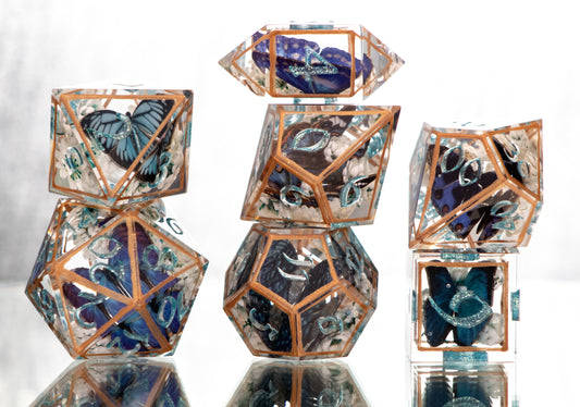 Blue Floral Lepidoptera - 7 Piece Handmade Resin Dice