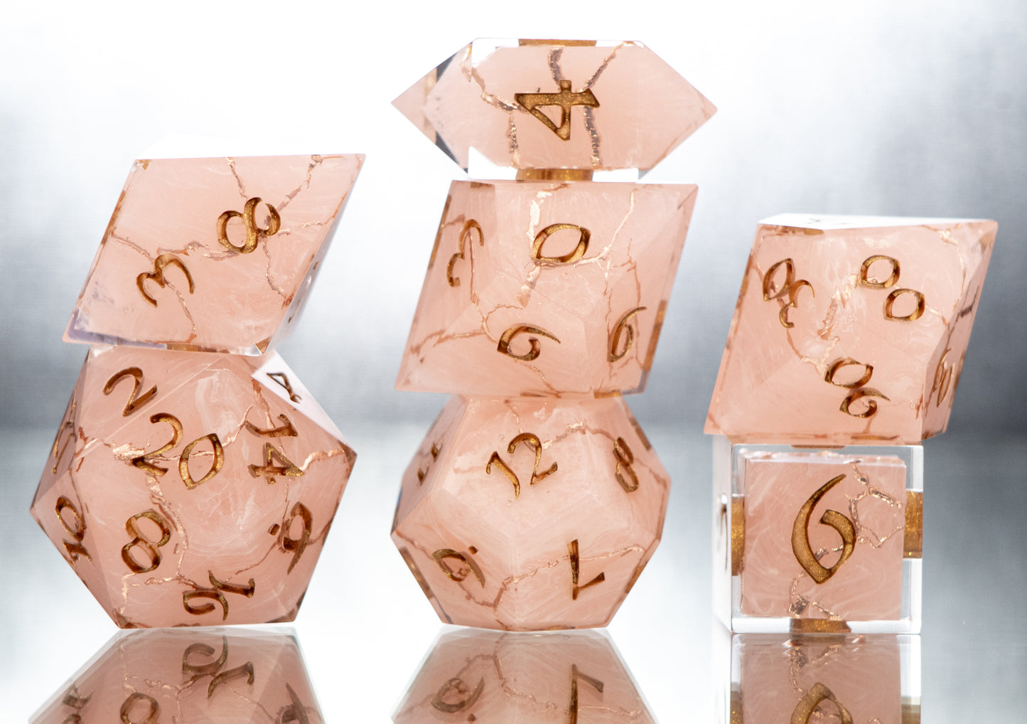 Rose Quartz Kintsugi - 7 Piece Handmade Resin Dice