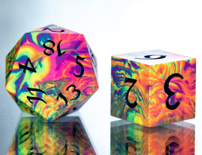 Neon Rainbow Dirty Pour: 7 Piece Handmade Resin Dice