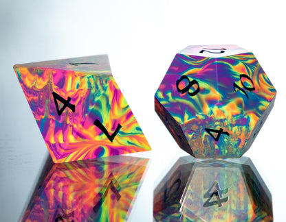 Neon Rainbow Dirty Pour: 7 Piece Handmade Resin Dice