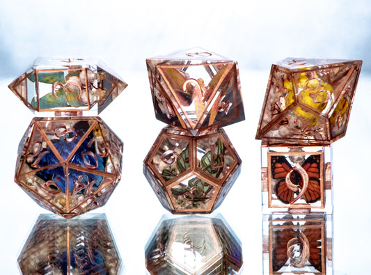 Copper Floral Lepidoptera - 6 Piece Handmade Resin Dice