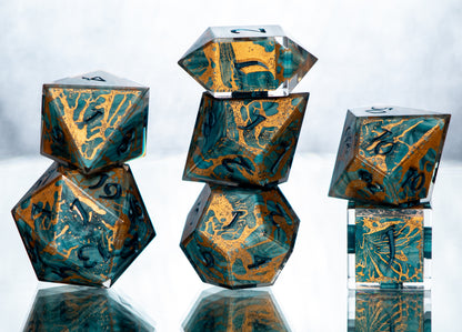 Gilded Teal Malachite - 7 Piece Handmade Resin Dice