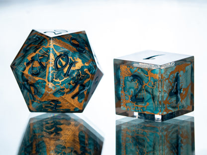 Gilded Teal Malachite - 7 Piece Handmade Resin Dice