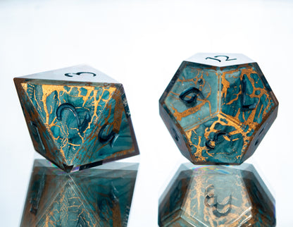 Gilded Teal Malachite - 7 Piece Handmade Resin Dice