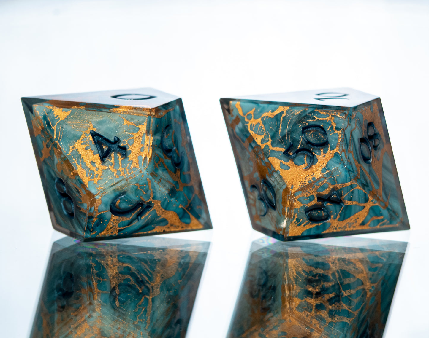 Gilded Teal Malachite - 7 Piece Handmade Resin Dice