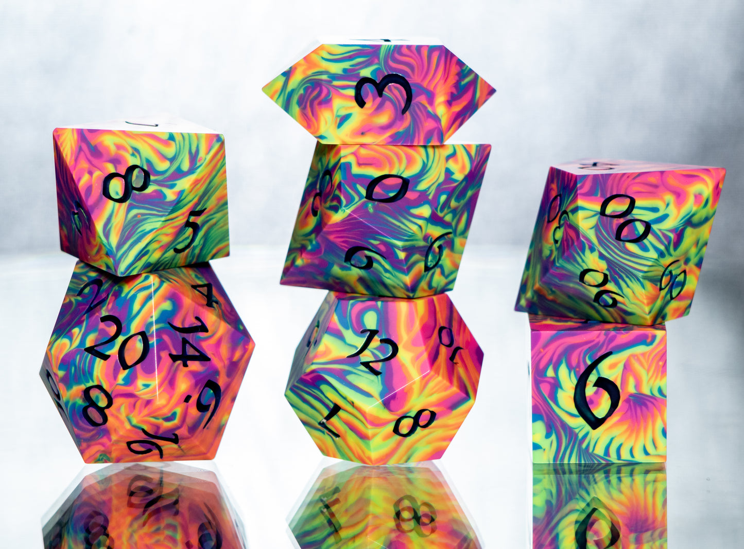 Neon Rainbow Dirty Pour: 7 Piece Handmade Resin Dice