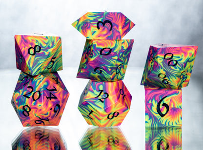 Neon Rainbow Dirty Pour: 7 Piece Handmade Resin Dice