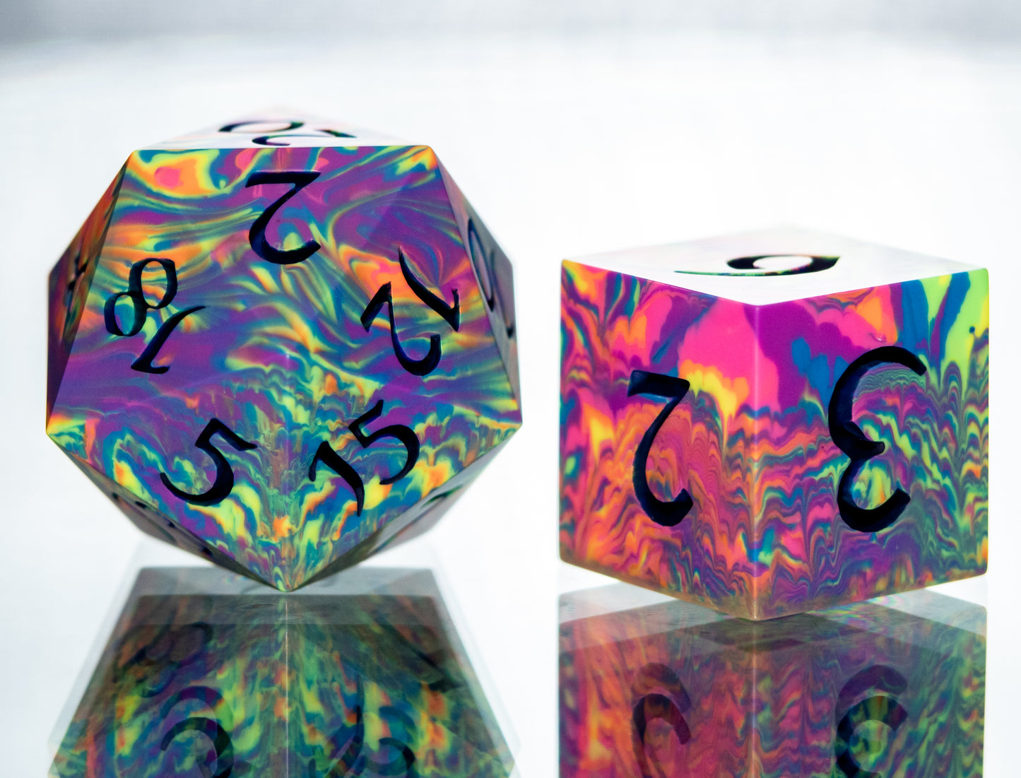 Neon Rainbow Dirty Pour: 7 Piece Handmade Resin Dice