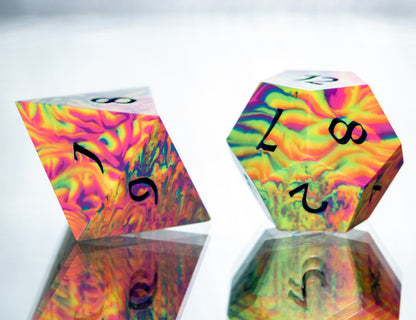 Neon Rainbow Dirty Pour: 7 Piece Handmade Resin Dice